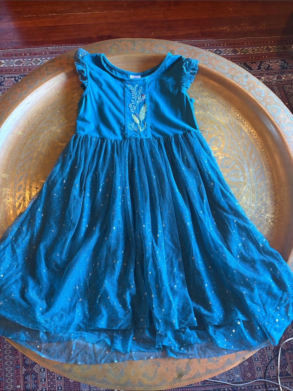 Hanna Andersson Disney Anna Teal Embroidered Flutter-Sleeve Tulle Dress